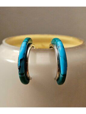Southwestern Sterling Silver Turquoise Composite Inlay Half Hoop Earrings